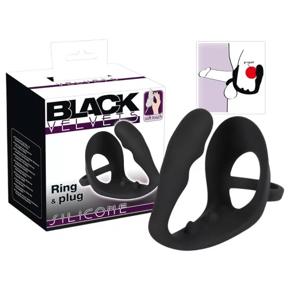 Black Velvets - anaal dildo met penis- en balring - siliconen - zwart
