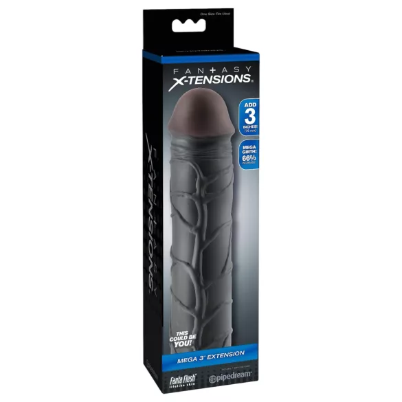 X-TENSION Mega 3 - penis sleeve - realistisch - zwart - 22,8 cm