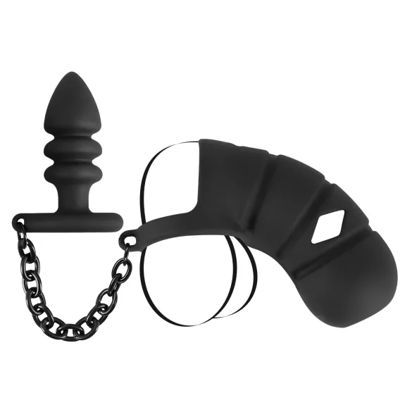 Black Velvets - siliconen peniskooi met buttplug - zwart
