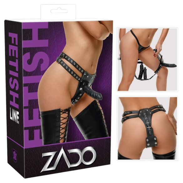 ZADO - Lederen harness met 2 interne dildo's (zwart) - L/XL
