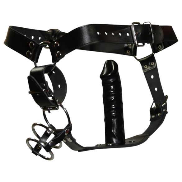 ZADO - Leren string met dildo en 3 penisringen
