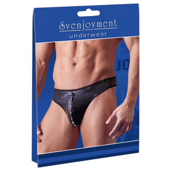 Svenjoyment - Glanzende Heren String met Strass en Rits (Zwart) - XL
