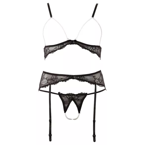 Abierta Fina - lingerie set - kant en parels - zwart - XL
