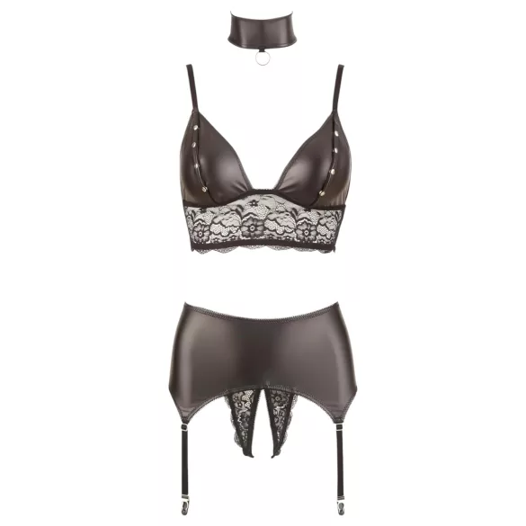 Cottelli Bondage - lingerie set - kant, glanzend, 4-delig, zwart - M