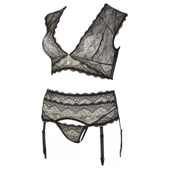 Cottelli Plus Size - lingerie-set van kant met strassteentjes (zwart)