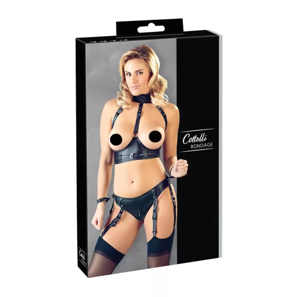 Cottelli Bondage - bh set met glanzende beugel en boeien - zwart - XL