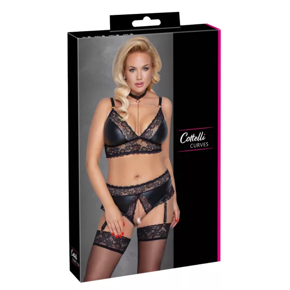 Cottelli Curves - lingerie set - glanzend effect - zwart - 2XL