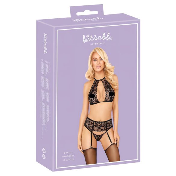 Kissbare set: halsband & kant BH (zwart)