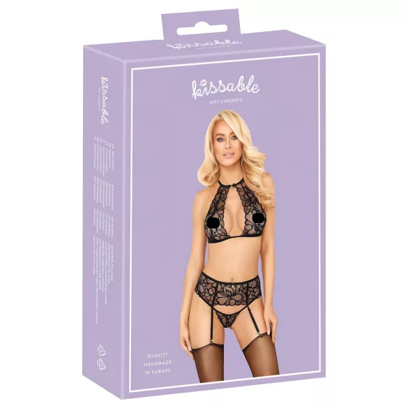 Kissbare set: halsband & kant BH (zwart) - L/XL
