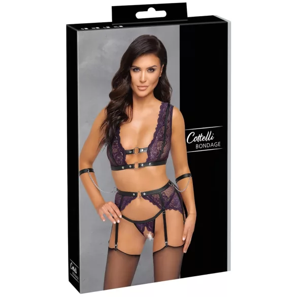 Cottelli Bondage - lingerie set en polsboeien (zwart-paars)