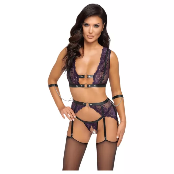 Cottelli Bondage - lingerie set en polsboeien (zwart-paars) - L