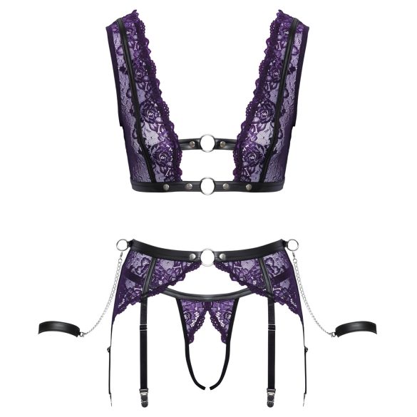 Cottelli Bondage - lingerie set en polsboeien (zwart-paars) - L