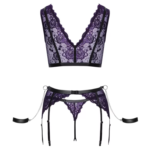 Cottelli Bondage - lingerie set en polsboeien (zwart-paars) - L