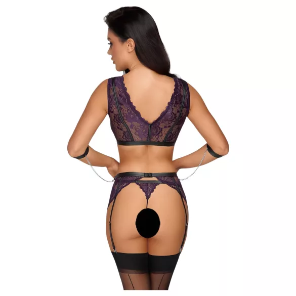 Cottelli Bondage - lingerie set en polsboeien (zwart-paars) - XL