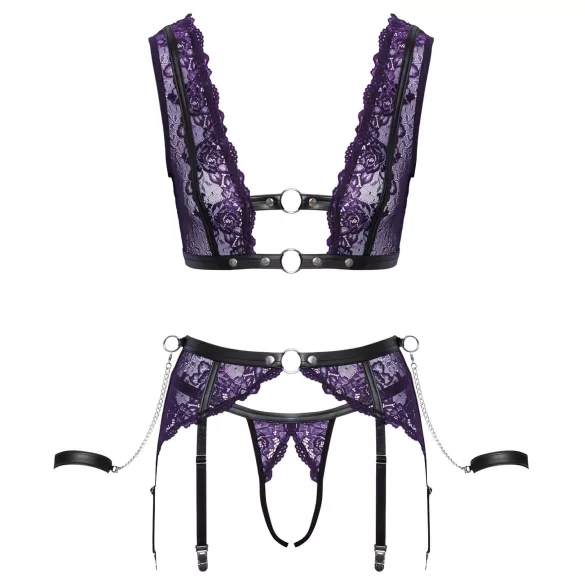Cottelli Bondage - lingerie set en polsboeien (zwart-paars) - XL