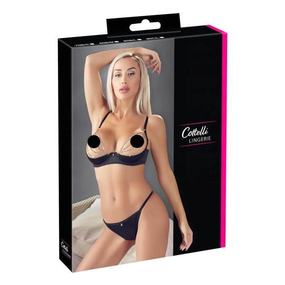 Cottelli - Satijnen Beha Set met Strass en Kettingen (Zwart) - 85C/L