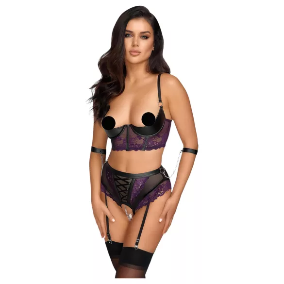 Cottelli Bondage - bh-set en armboeien (zwart-paars) - M