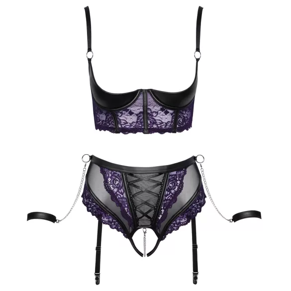 Cottelli Bondage - bh-set en armboeien (zwart-paars) - M