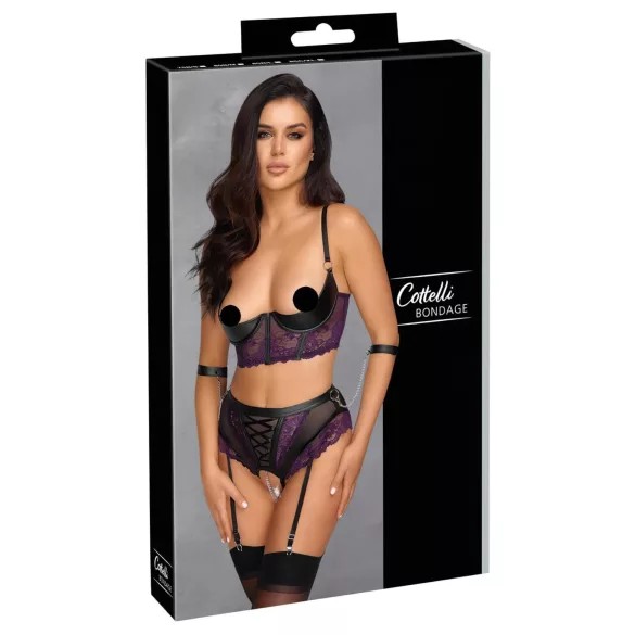 Cottelli Bondage - bh-set en armboeien (zwart-paars) - L