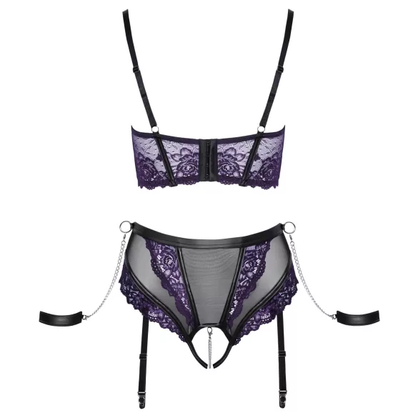 Cottelli Bondage - bh-set en armboeien (zwart-paars) - XL
