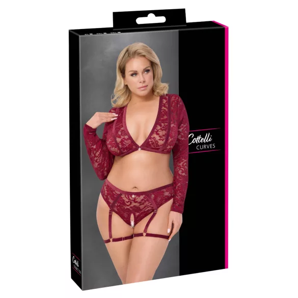 Cottelli Curves - lingerieset met lange mouwen - kant - rood - 2XL