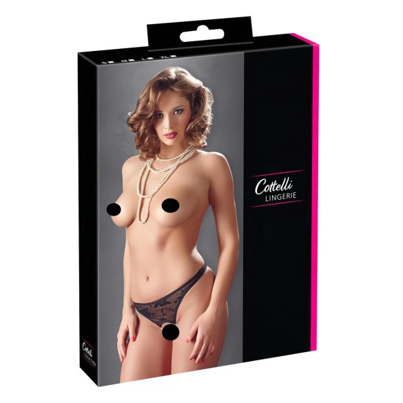 Cottelli - Opengewerkte kanten string met parels (zwart)