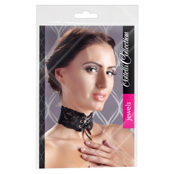 Cottelli - Brede kanten halsband met vetersluiting (zwart)