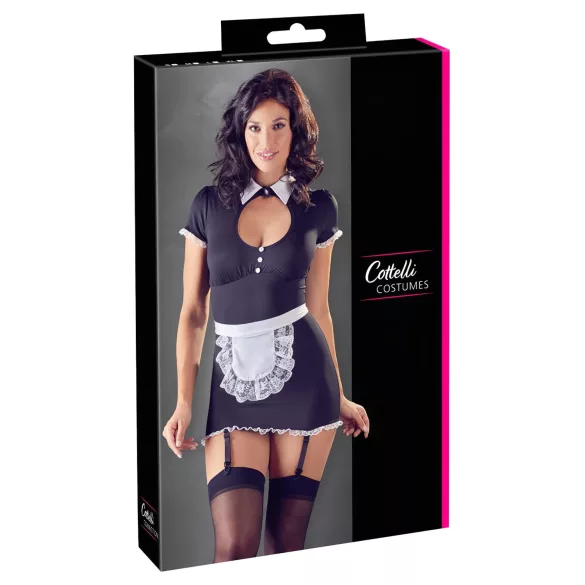 Cottelli - lingerie jurkje met jarretels - zwart/wit - kamermeisje - L