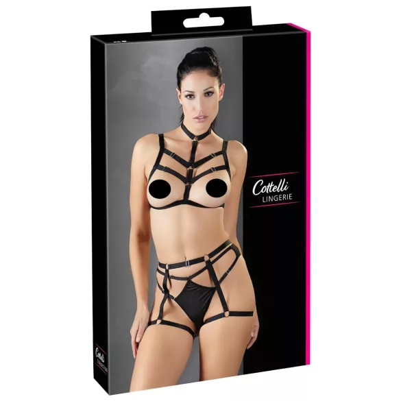 Cottelli - decoratieve bodyharnas lingerie set (zwart, S-L)