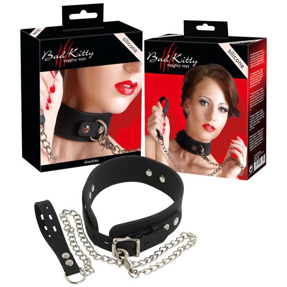Bad Kitty - siliconen halsband en riem (zwart)