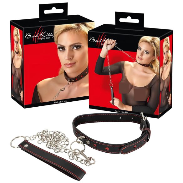 Bad Kitty - hartvormige halsband en metalen riem (zwart)