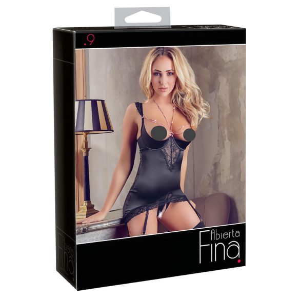 Abierta Fina - Glanzende ketting top & slipje (zwart) - 85B/L