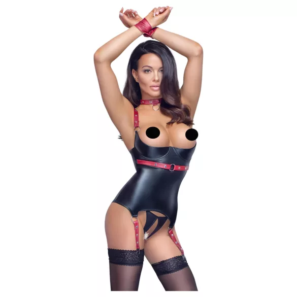 Cottelli Bondage - Lakleren beha top met halsband - Zwart - L