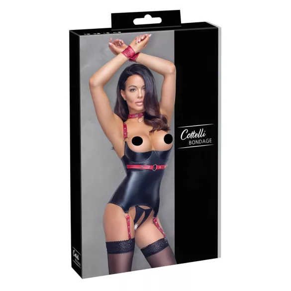 Cottelli Bondage - Lakleren beha top met halsband - Zwart - XL
