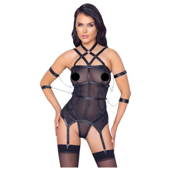 Cottelli Bondage - Top, polsbanden & tanga (zwart)