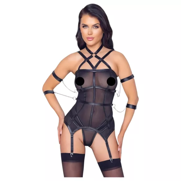 Cottelli Bondage - harnas top, armbanden en string (zwart) - L