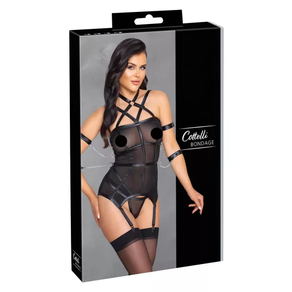 Cottelli Bondage - harnas top, armbanden en string (zwart) - L