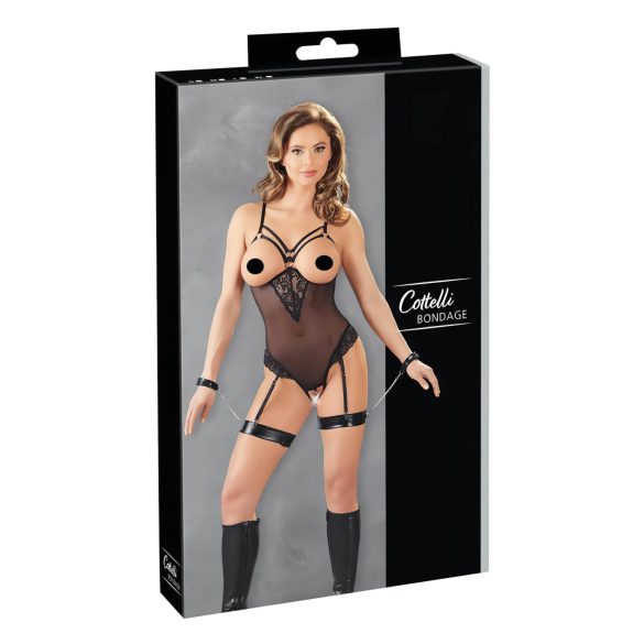 Cottelli Bondage - Zwarte body met metalen ring en polsboeien