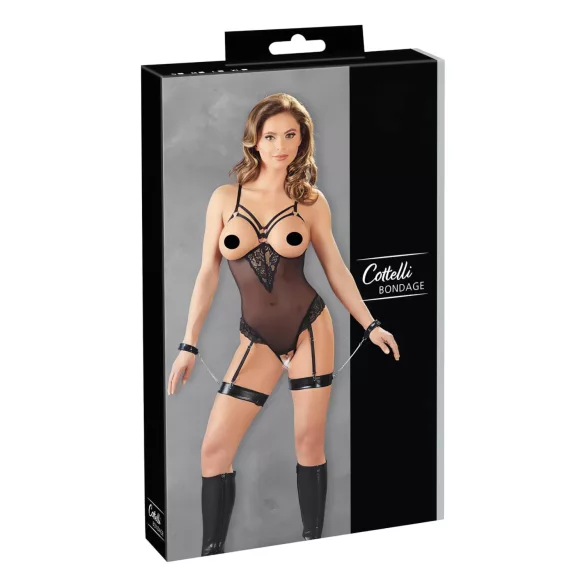Cottelli Bondage - body met metalen ringen en polsboeien - zwart - M