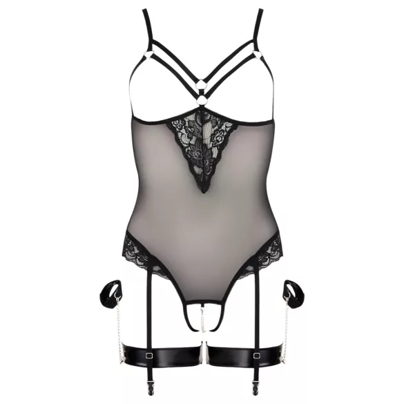 Cottelli Bondage - body met metalen ringen en polsboeien - zwart - L
