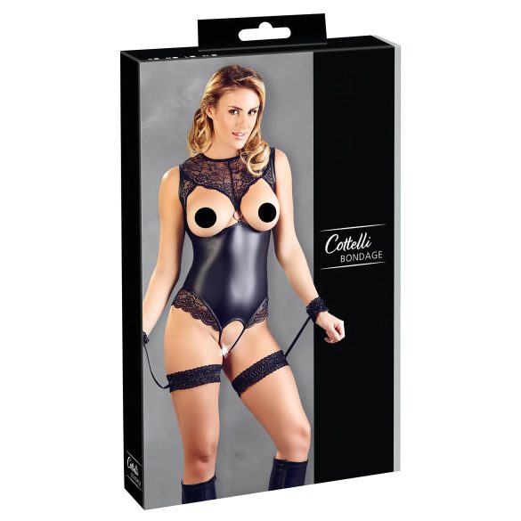Cottelli Bondage - Glanzend open body en polsboeien (zwart)