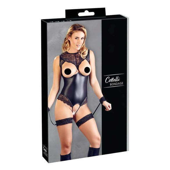 Cottelli Bondage - Glanzend open body en polsboeien (zwart)