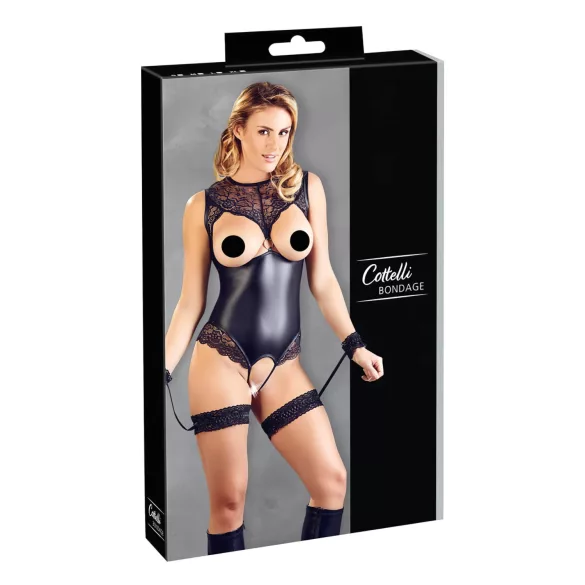 Cottelli Bondage - open body met boeien - glanzend zwart - XL