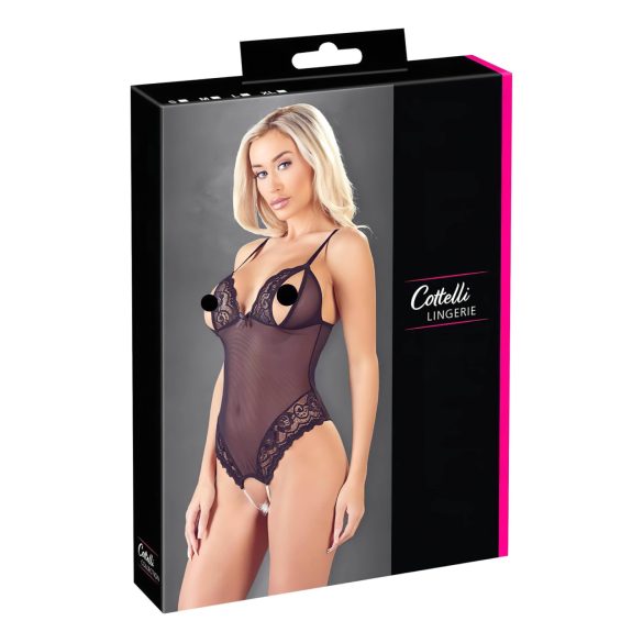 Cottelli - Kanten body met parels & open design (zwart)