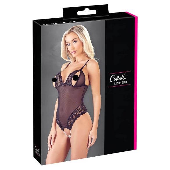 Cottelli - Kanten body met parels & open design (zwart) - M