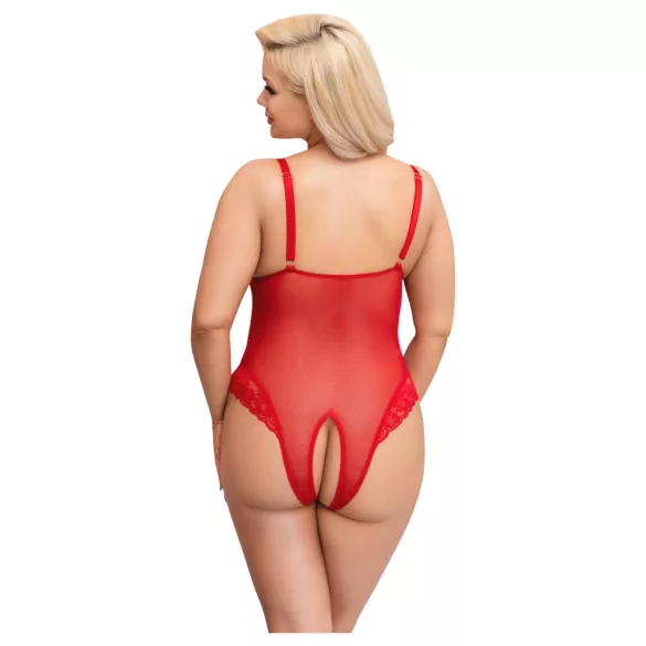 Cottelli Curves - bodysuit grote maten - transparant kant - rood - 2XL
