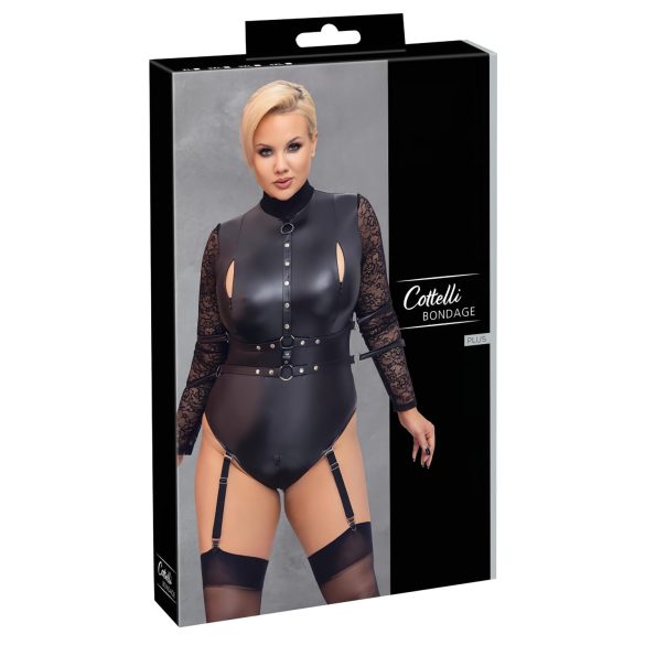 Cottelli Bondage Plus Size - kanten body met lange mouwen (zwart)