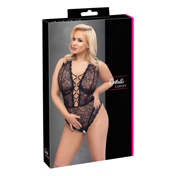 Cottelli Curves - plus size body - transparant met patroon - zwart