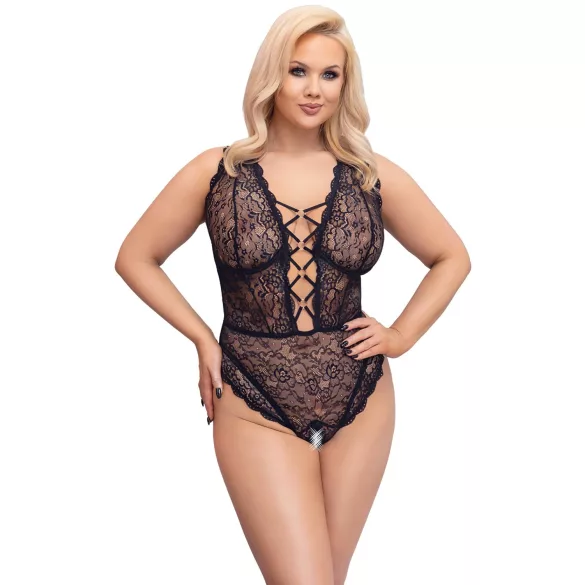 Cottelli Curves - plus size body - transparant met patroon - zwart