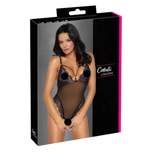 Cottelli - open geborduurde kanten body - zwart-paars - L